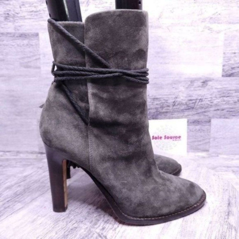 Joie Chap Suede Tassel Ankle Wrap Heeled Ankle Boot Gray sz 40 Women's sz 10